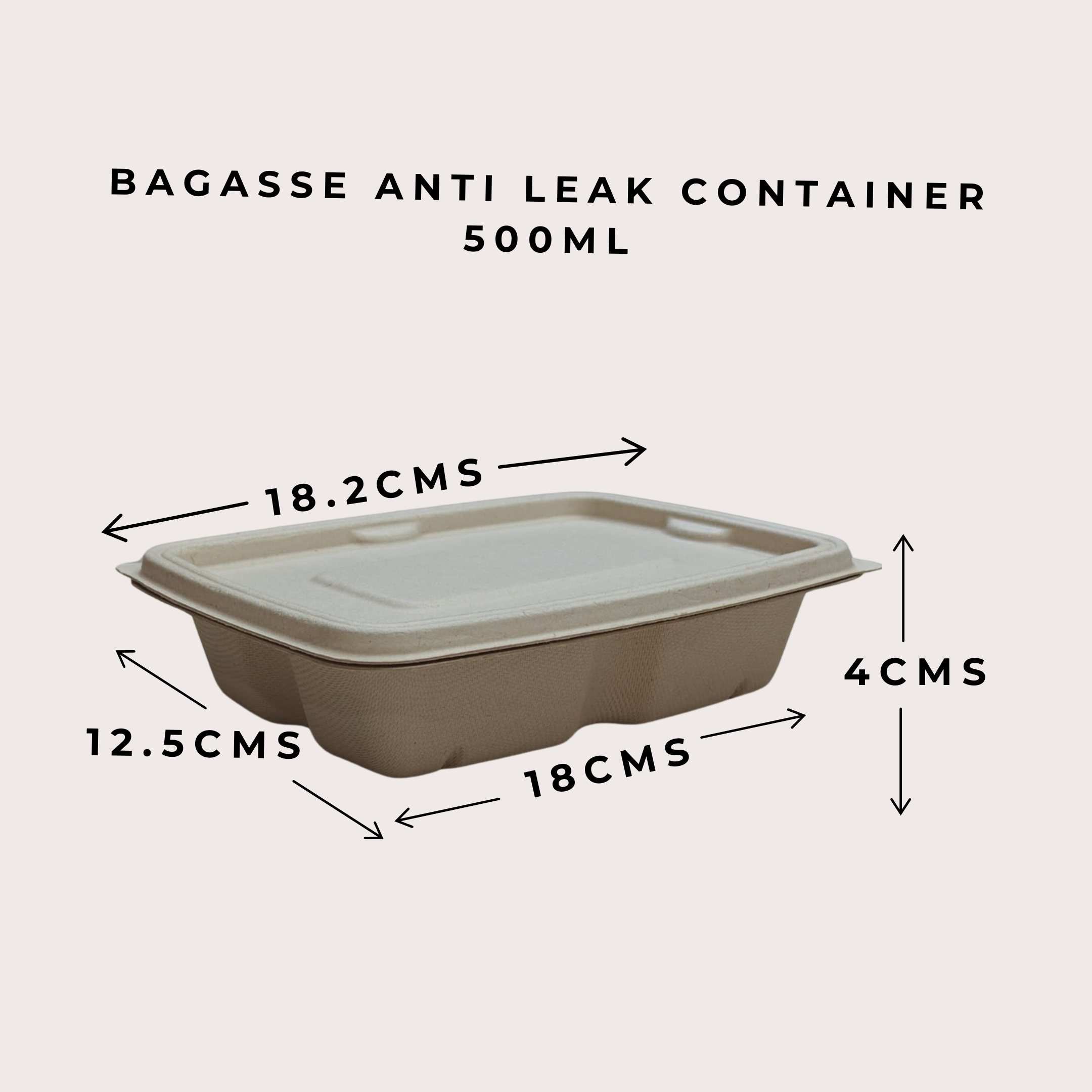 BAGASSE ANTI-LEAK CONTAINER WITH LID (RECTANGLE) 500ml