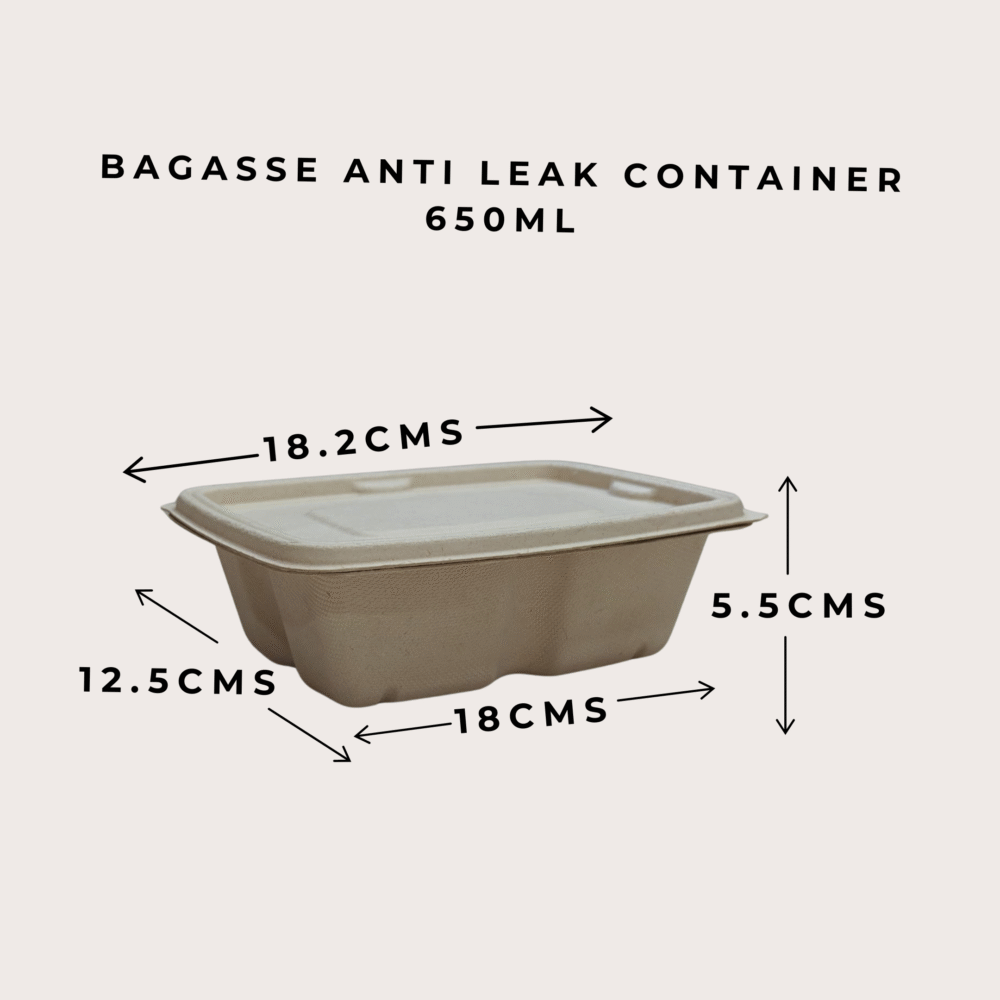 BAGASSE ANTI-LEAK CONTAINER WITH LID (RECTANGLE) 650ml