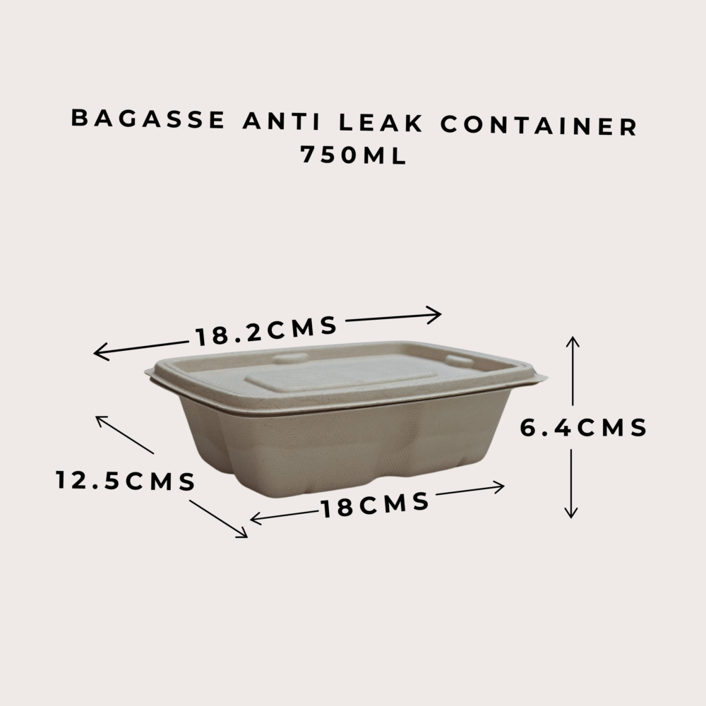 BAGASSE ANTI-LEAK CONTAINER WITH LID (RECTANGLE) 750ml